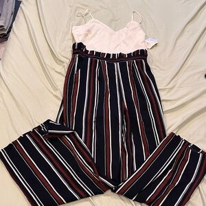 Altar'd State Ivory Top Navy and Burgundy Striped Wide-Leg Jumpsuit